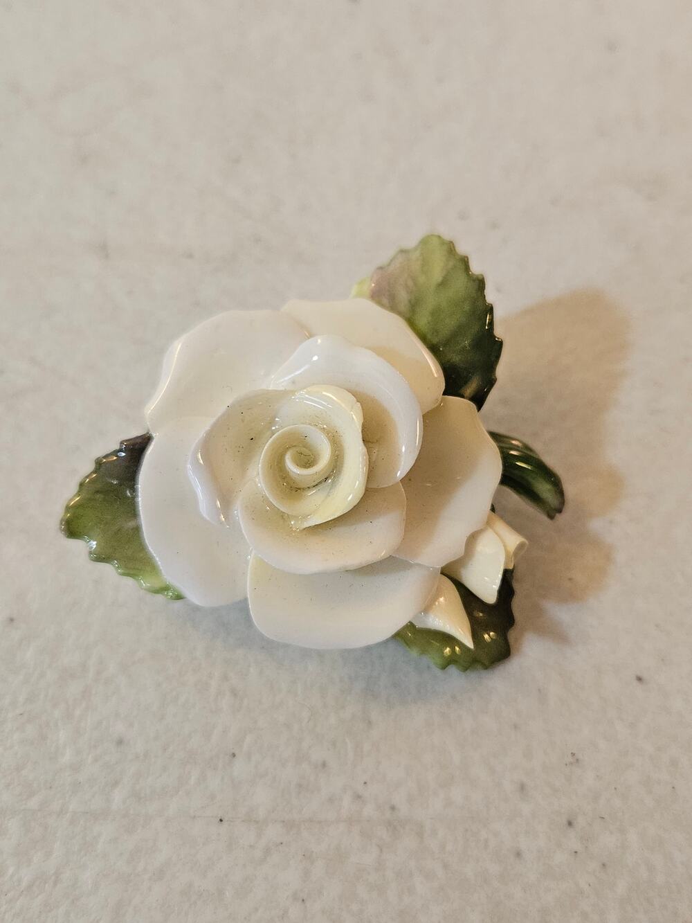 Vintage Cara China Staffordshire White Rose Brooch Made in England Porcelain